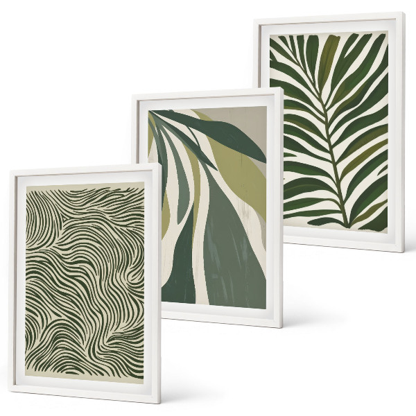 Conjunto de quadros para sala de estar Folhas com linhas onduladas verdes