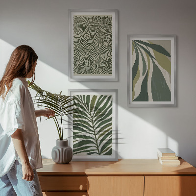 Conjunto de quadros para sala de estar Folhas com linhas onduladas verdes