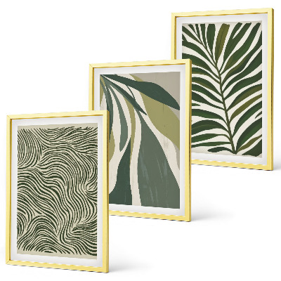Conjunto de quadros para sala de estar Folhas com linhas onduladas verdes