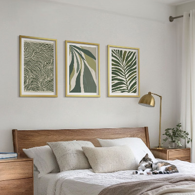 Conjunto de quadros para sala de estar Folhas com linhas onduladas verdes