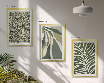 Conjunto de quadros para sala de estar Folhas com linhas onduladas verdes