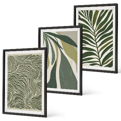 Conjunto de quadros para sala de estar Folhas com linhas onduladas verdes