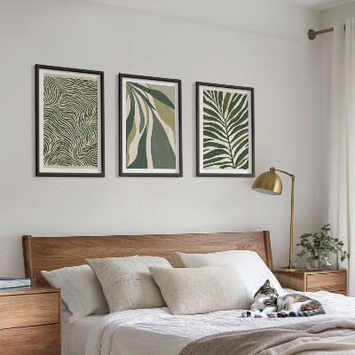 Conjunto de quadros para sala de estar Folhas com linhas onduladas verdes
