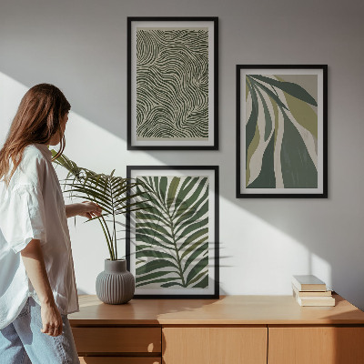 Conjunto de quadros para sala de estar Folhas com linhas onduladas verdes