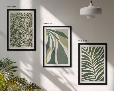 Conjunto de quadros para sala de estar Folhas com linhas onduladas verdes