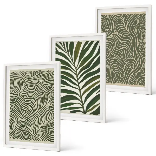 Conjunto de 3 quadros com moldura estampa de padrões de folhas e formas onduladas