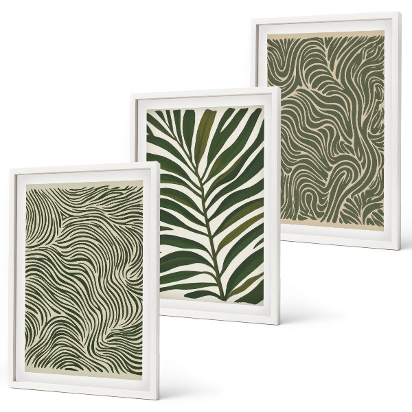 Conjunto de 3 quadros com moldura Padrões de folhas formas onduladas