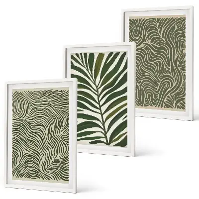 Conjunto de 3 quadros com moldura estampa de padrões de folhas e formas onduladas