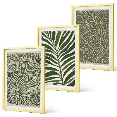 Conjunto de 3 quadros com moldura estampa de padrões de folhas e formas onduladas