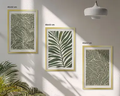 Conjunto de 3 quadros com moldura estampa de padrões de folhas e formas onduladas