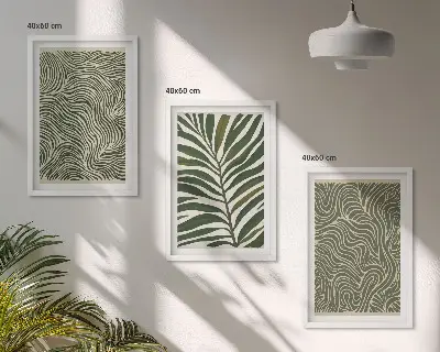Conjunto de 3 quadros com moldura estampa de padrões de folhas e formas onduladas