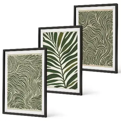 Conjunto de 3 quadros com moldura estampa de padrões de folhas e formas onduladas