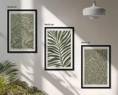 Conjunto de 3 quadros com moldura estampa de padrões de folhas e formas onduladas
