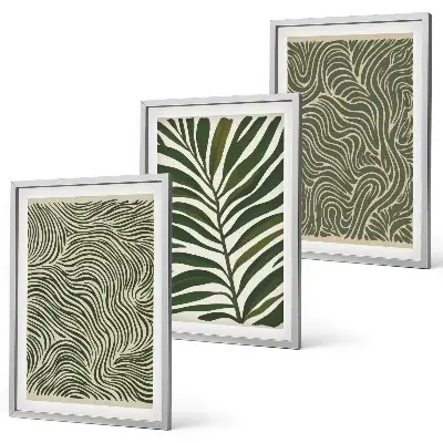 Conjunto de 3 quadros com moldura estampa de padrões de folhas e formas onduladas