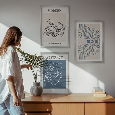 Conjunto de 3 quadros com moldura Pôsteres abstratos com linhas de flores