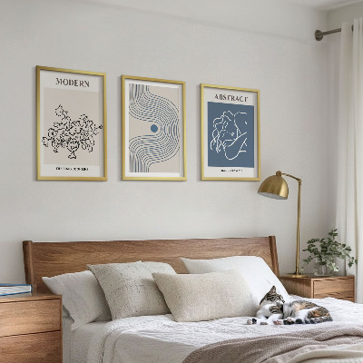 Conjunto de 3 quadros com moldura Pôsteres abstratos com linhas de flores