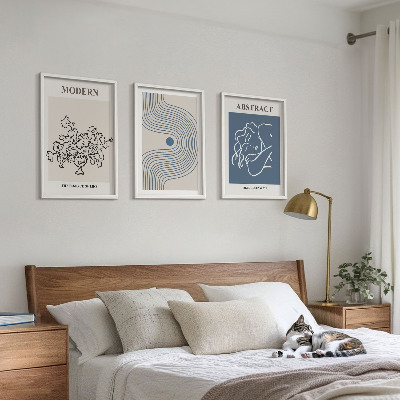 Conjunto de 3 quadros com moldura Pôsteres abstratos com linhas de flores