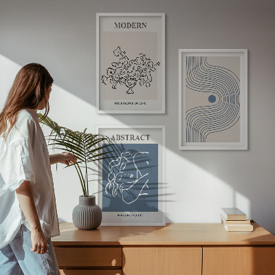 Conjunto de 3 quadros com moldura Pôsteres abstratos com linhas de flores