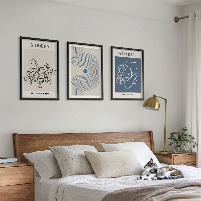 Conjunto de 3 quadros com moldura Pôsteres abstratos com linhas de flores
