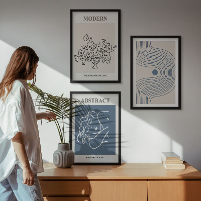 Conjunto de 3 quadros com moldura Pôsteres abstratos com linhas de flores