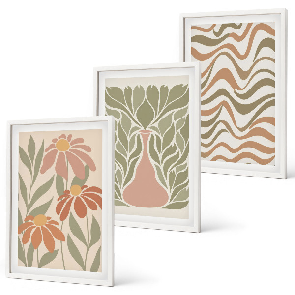 Conjunto de 3 quadros com moldura Flores abstratas em tons pastel