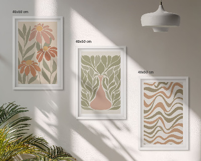 Conjunto de 3 quadros com moldura Flores abstratas em tons pastel