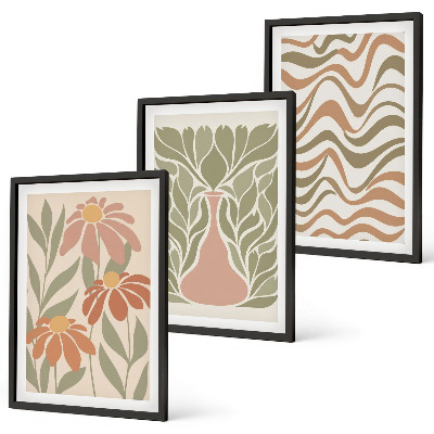 Conjunto de 3 quadros com moldura Flores abstratas em tons pastel