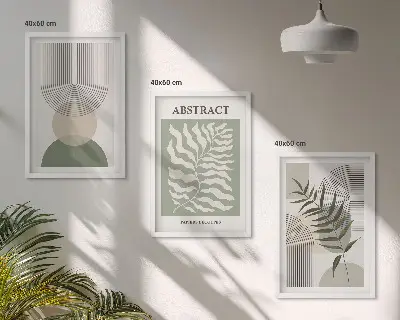 Conjunto de quadros para sala de estar com estampas de abstrações botânicas boho