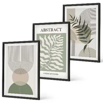 Conjunto de quadros para sala de estar com estampas de abstrações botânicas boho
