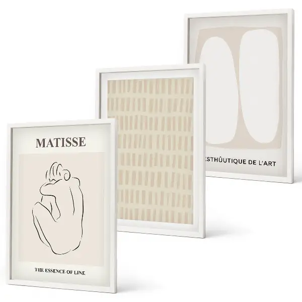 Conjunto de quadros para sala de estar com estampas de linhas e formas nas cores bege e branco