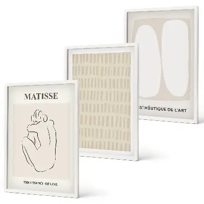 Conjunto de quadros para sala de estar com estampas de linhas e formas nas cores bege e branco