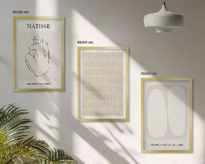 Conjunto de quadros para sala de estar com estampas de linhas e formas nas cores bege e branco