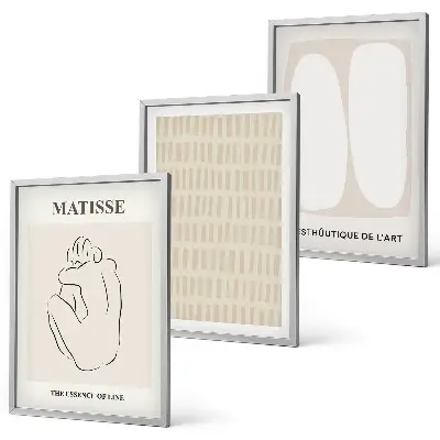 Conjunto de quadros para sala de estar com estampas de linhas e formas nas cores bege e branco