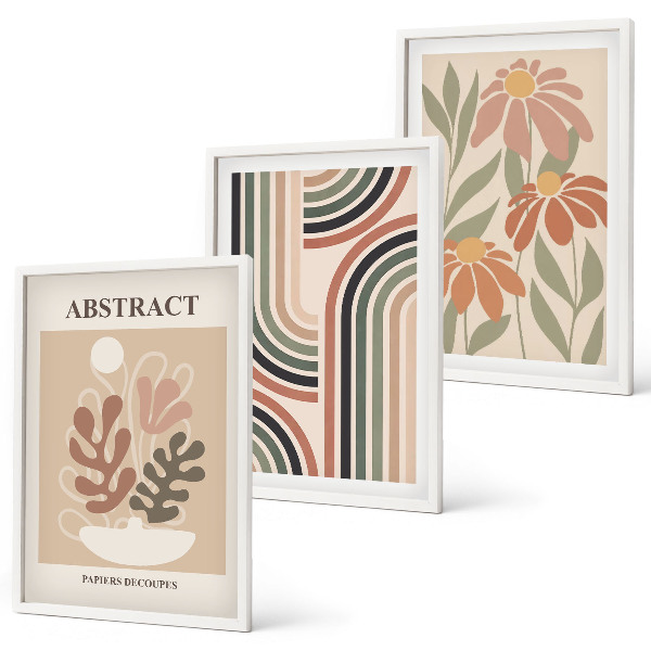 Conjunto de 3 quadros com moldura Plantas abstratas em tons pastel
