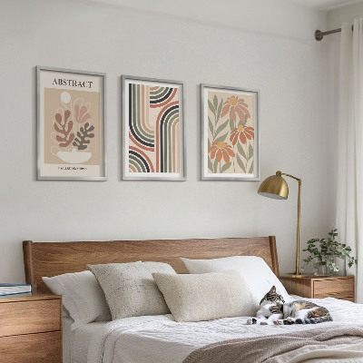 Conjunto de 3 quadros com moldura Plantas abstratas em tons pastel