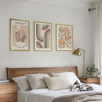 Conjunto de 3 quadros com moldura Plantas abstratas em tons pastel