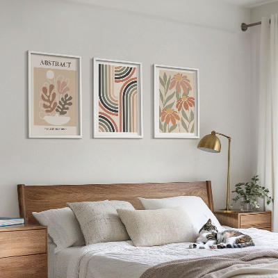 Conjunto de 3 quadros com moldura Plantas abstratas em tons pastel