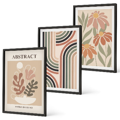Conjunto de 3 quadros com moldura Plantas abstratas em tons pastel