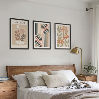 Conjunto de 3 quadros com moldura Plantas abstratas em tons pastel