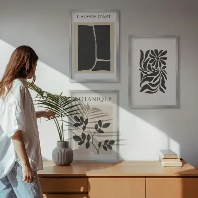 Conjunto de quadros para sala de estar com padrões abstratos de plantas