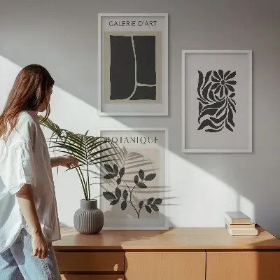 Conjunto de quadros para sala de estar com padrões abstratos de plantas