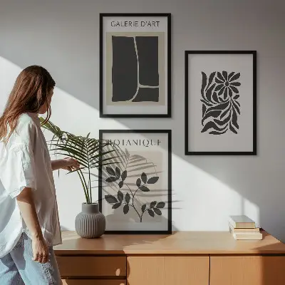 Conjunto de quadros para sala de estar com padrões abstratos de plantas