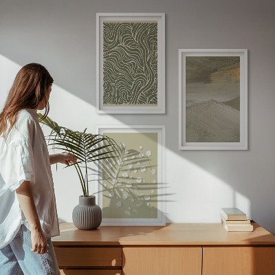 Conjunto de 3 quadros com moldura Padrões abstratos de ondas florais