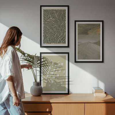 Conjunto de 3 quadros com moldura Padrões abstratos de ondas florais