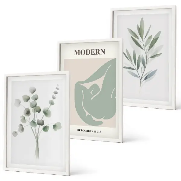 Conjunto de quadros para sala de estar com motivos vegetais em tons de verde
