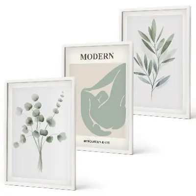 Conjunto de quadros para sala de estar com motivos vegetais em tons de verde