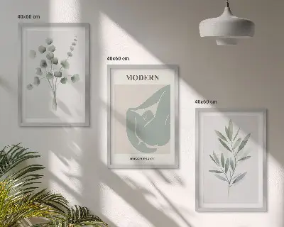 Conjunto de quadros para sala de estar com motivos vegetais em tons de verde