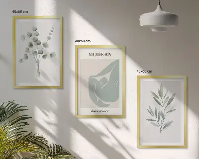 Conjunto de quadros para sala de estar com motivos vegetais em tons de verde