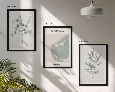 Conjunto de quadros para sala de estar com motivos vegetais em tons de verde