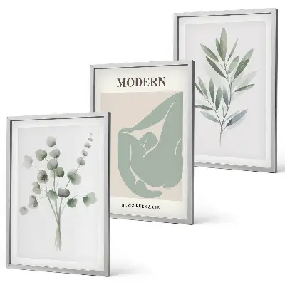 Conjunto de quadros para sala de estar com motivos vegetais em tons de verde